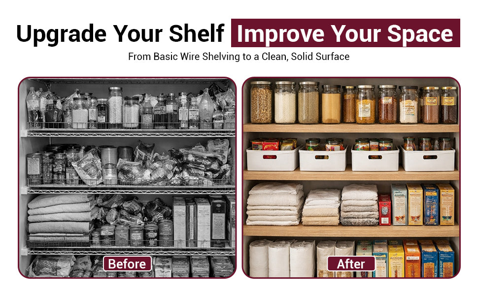Wire Rack Shelf Cover Solid Wood Closet Shelf, Custom Fit for Wire Shelving, Easy Tool-Free Installation, Durable 1/2 Plywood, Linen Closet & Pantry Organizer