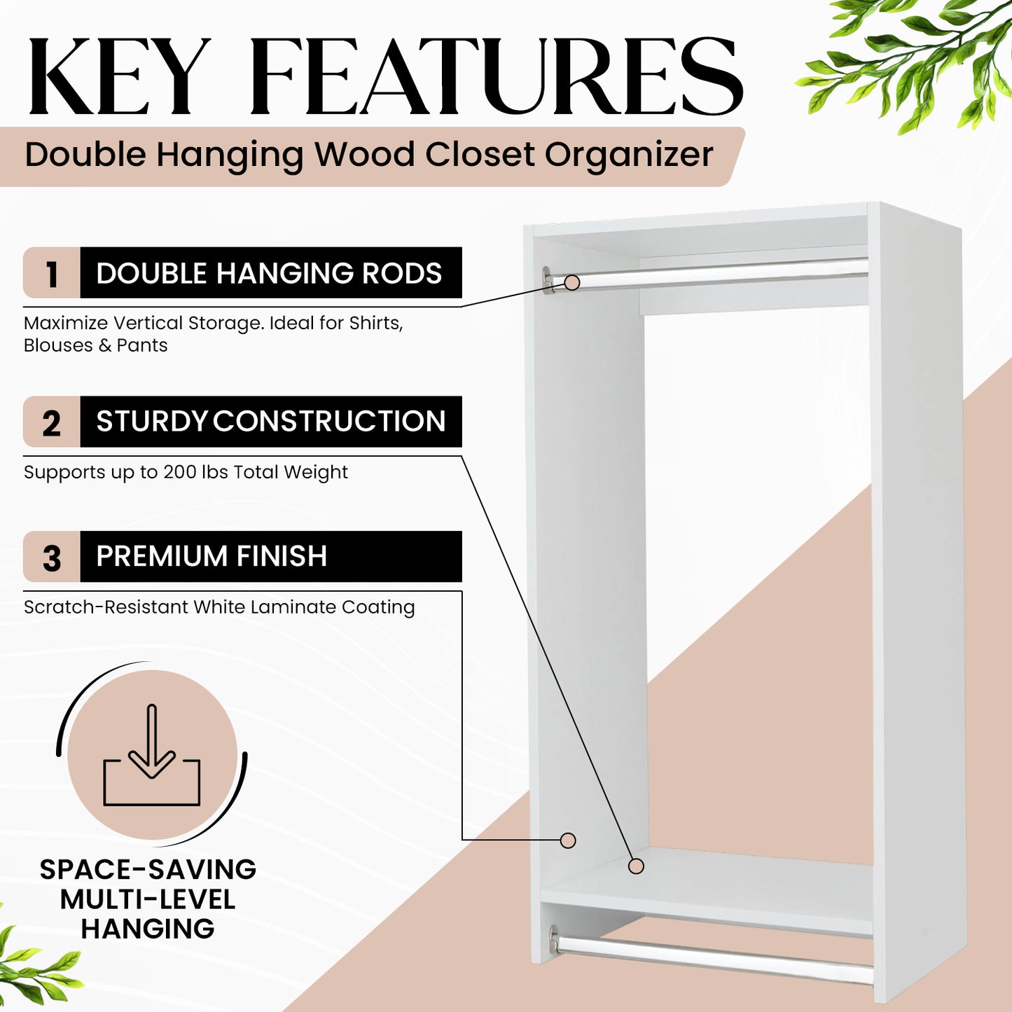 Wall-Mount Wood Closet Organizer: Multi-Level Wardrobe Storage with Double Rods