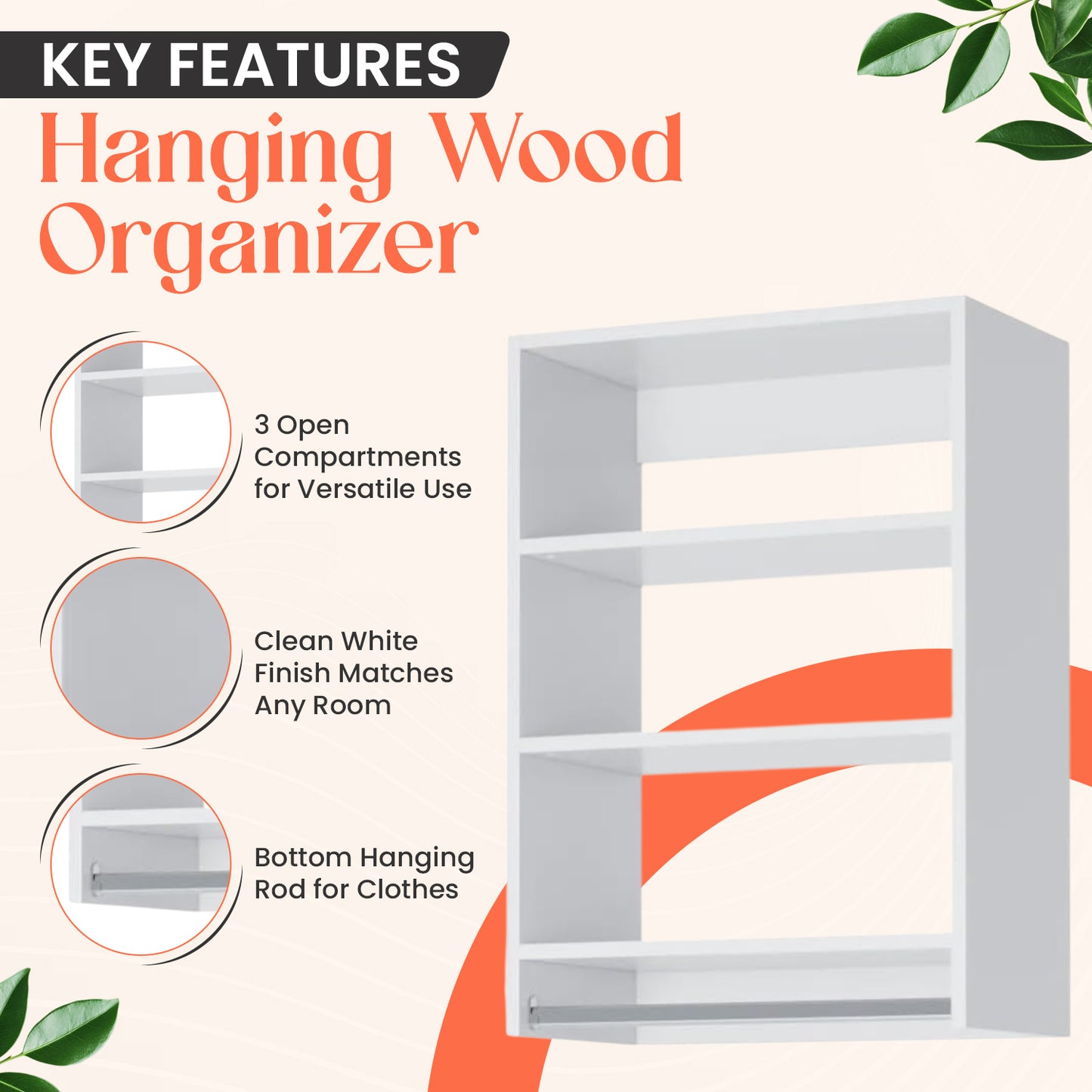 Wood Hanging Closet Organizer: Adjustable Shelves, Versatile Storage with Rod