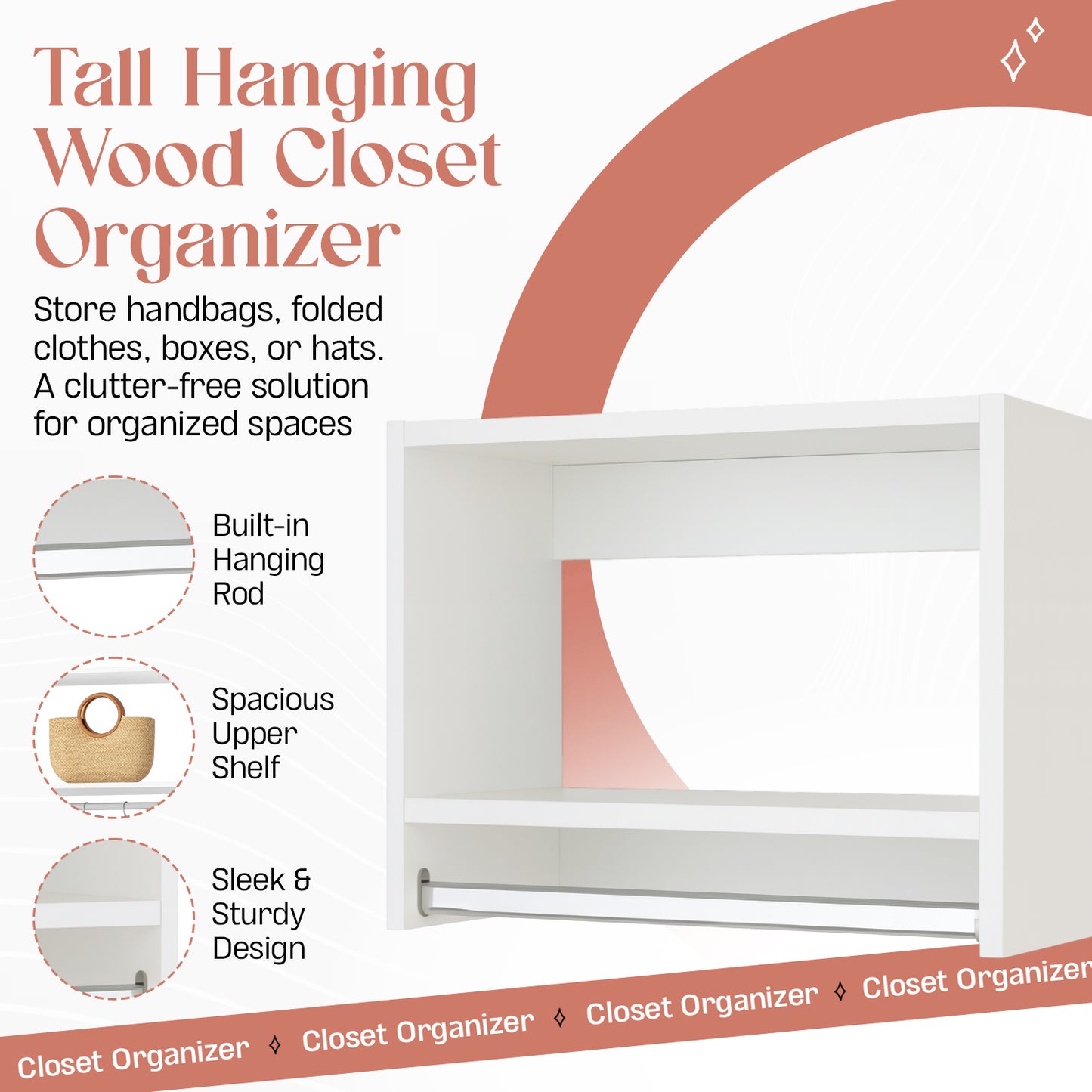 Tall Hanging Wood Closet: Garment Organizer with Shelf & Rod