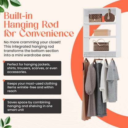 Wood Hanging Closet Organizer: Adjustable Shelves, Versatile Storage with Rod