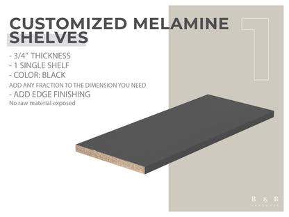 Custom Cut Cabinet Shelves – Black Melamine Wood, 3/4” Thick, Up to 60” Long